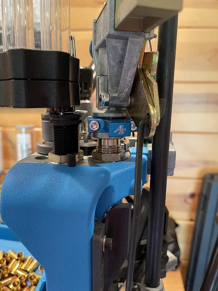 Close-up of reloading press equipment